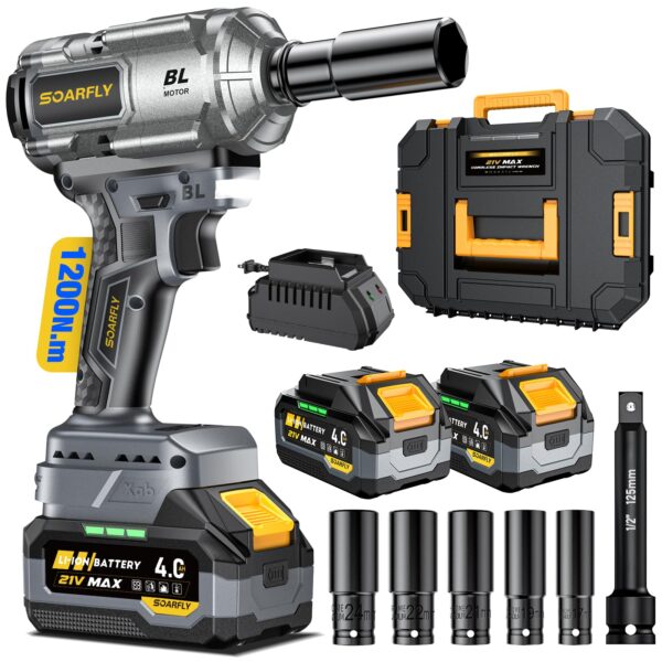 Upgraded Cordless Impact Wrench 1/2", 900 Ft-lbs (1200 Nm) Brushless Impact Gun, 21V High Torque Impact Driver with 2x 4.0Ah Batteries, Variable Speed for Car, Truck, Workshop, Heavy-Duty Jobs