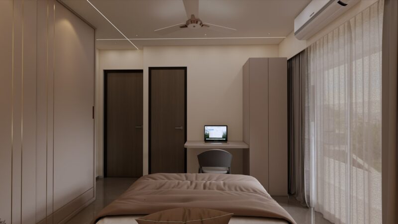 A modern bedroom featuring built-ins and a desk.
