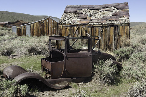 A 28/29 Ford Model A Sport Coupe parked in Bodie Ghost town, California.