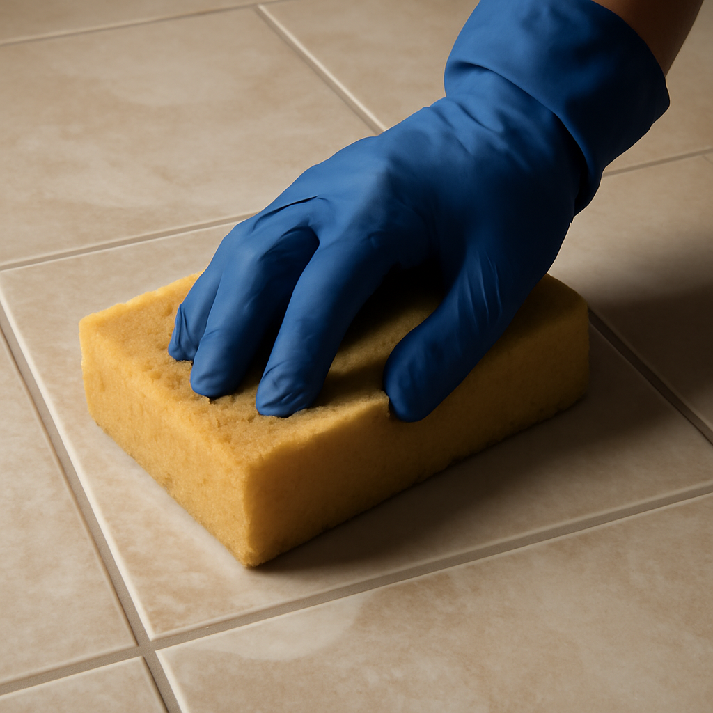 Close-up tile grout lines prepared for penetrating grout sealer.