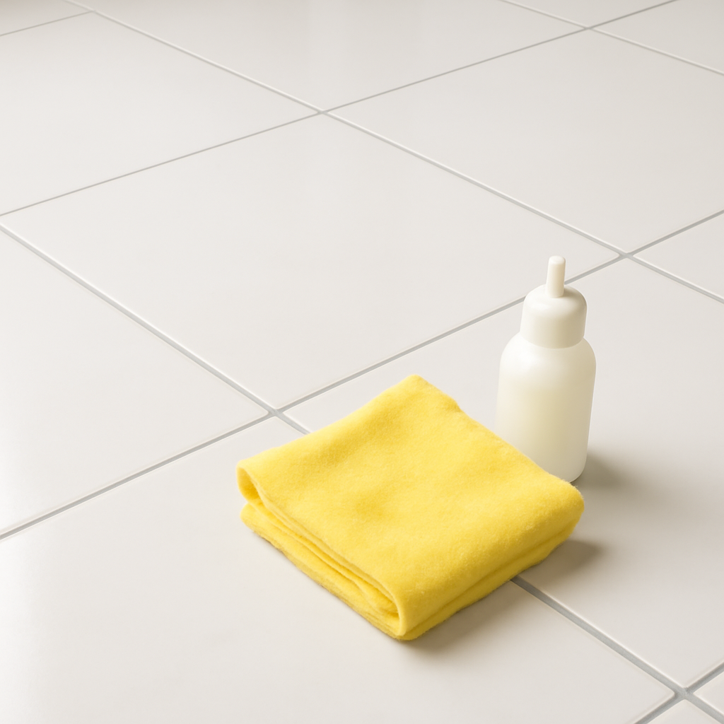 Buffing grout haze from tile with a damp sponge and microfiber cloth.