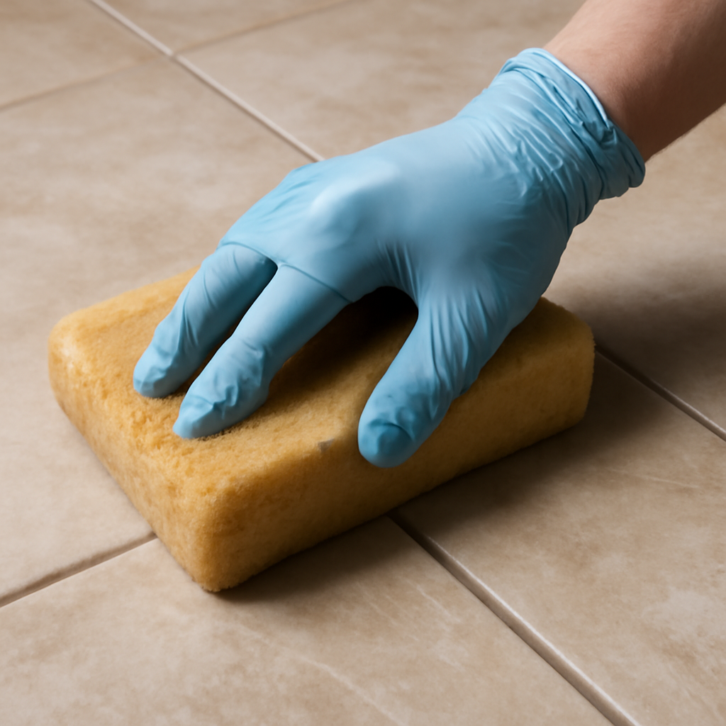 Buffing grout haze from tile with a damp sponge and microfiber cloth.