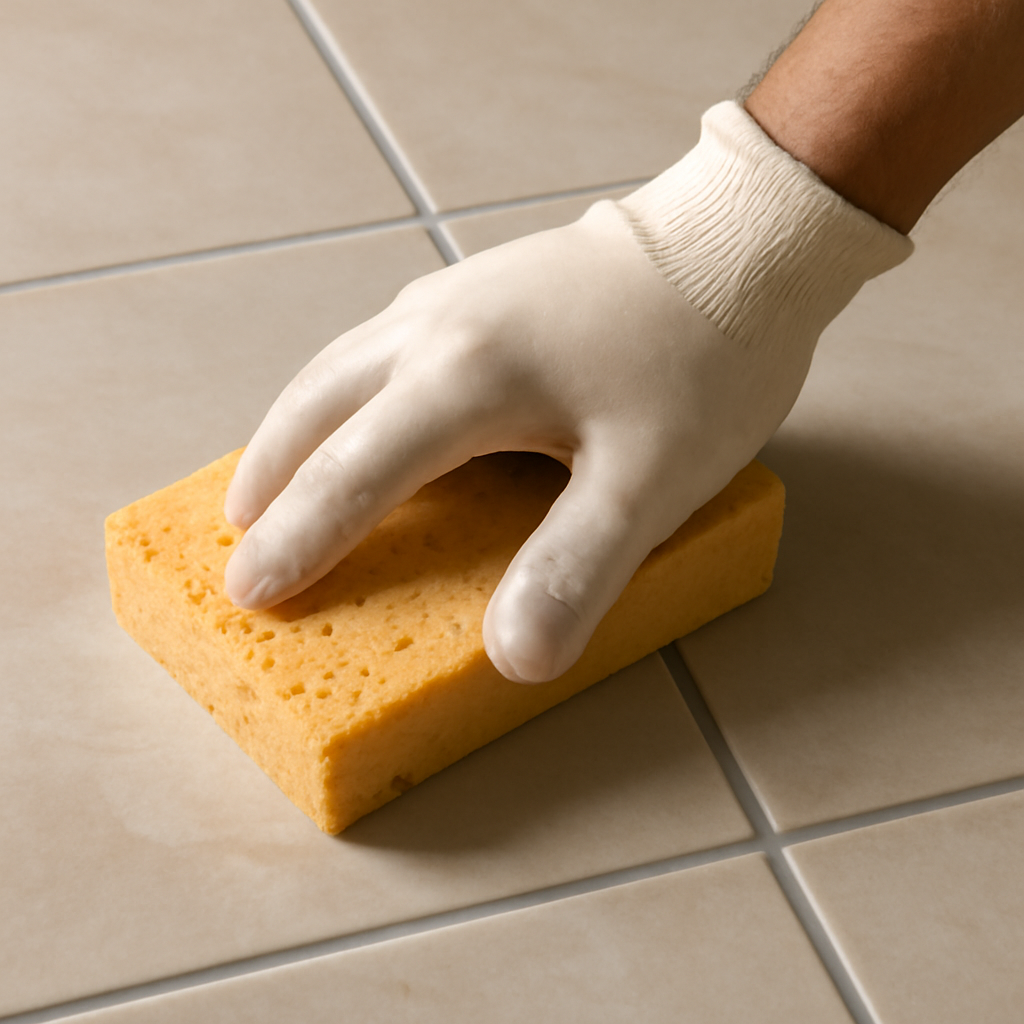Buffing grout haze from tile with a damp sponge and microfiber cloth.