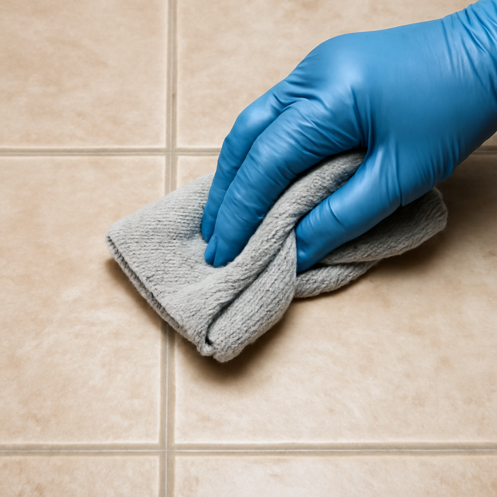 Close-up tile grout lines prepared for penetrating grout sealer.