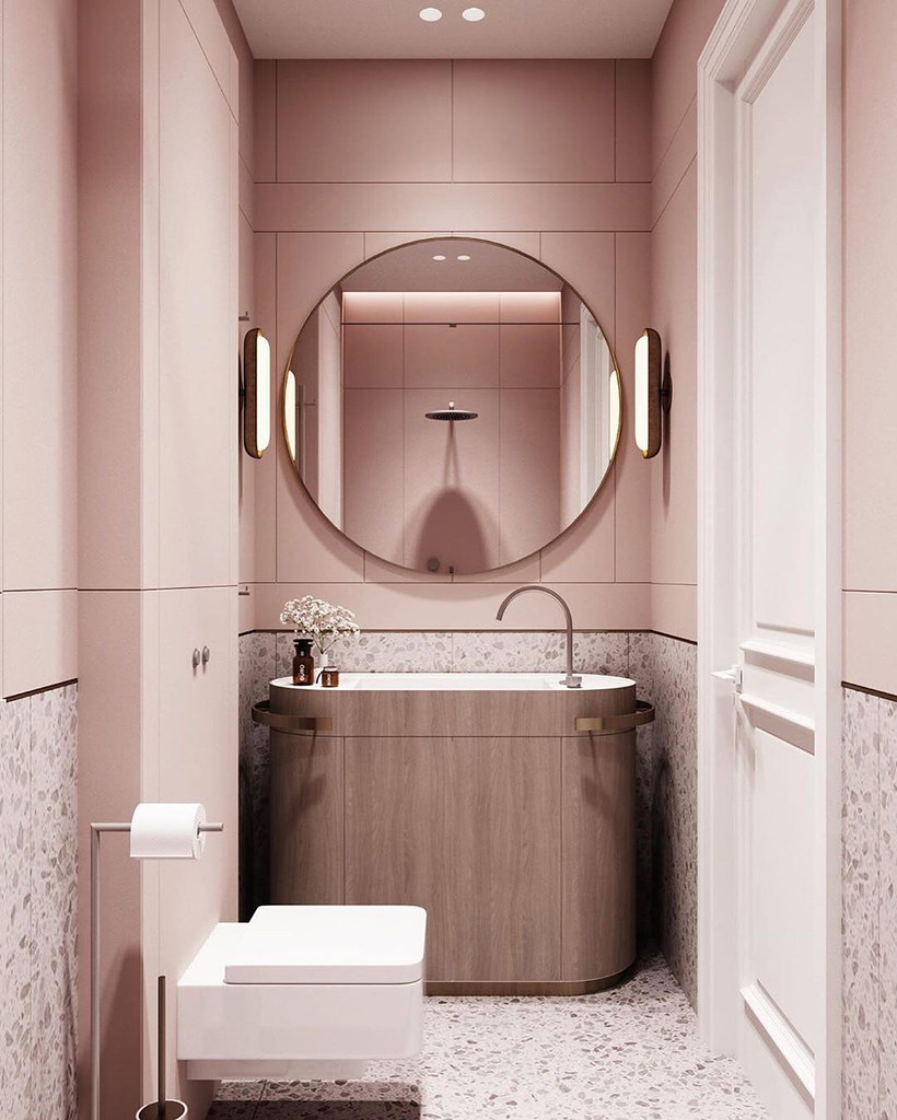 Wood vanity with durable bathroom backsplash and mirror