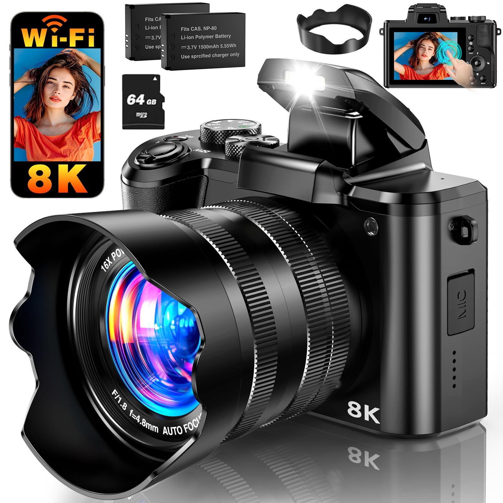 8K Digital Camera, 88MP WiFi Cameras for Photography with 3.2" Touchscreen, 16X Zoom Autofocus Professional Dual Camera, Anti-Shake, 2 Batteries, 64GB Card, Flash, Lens Hood