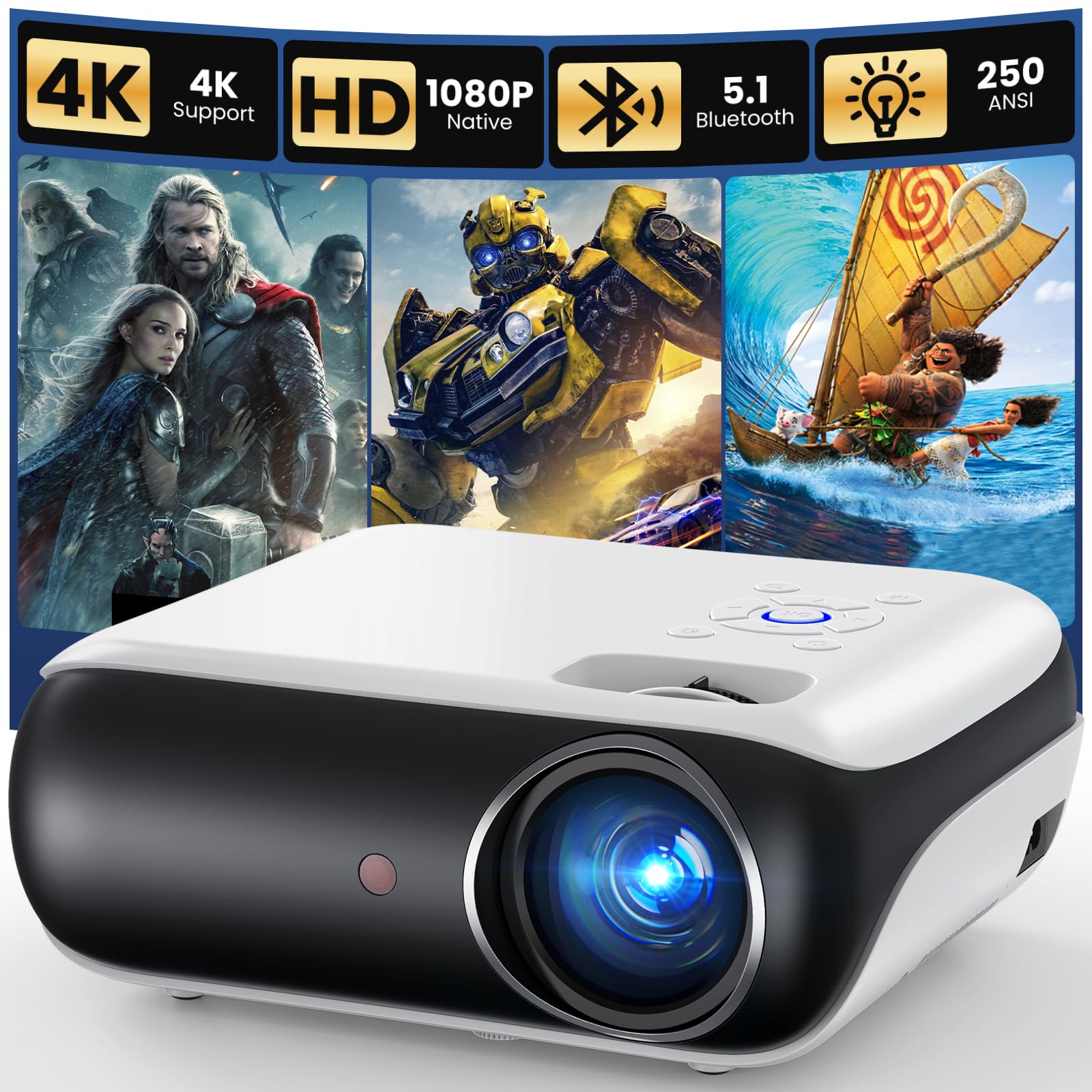 HAPPRUN Native 1080P Projector, Bluetooth Home Theater Movie Projector with Built-in Speaker, Compatible with Smartphone, HDMI, Fire Stick, PS5, Indoor &amp; Outdoor Use - Without Google TV System
