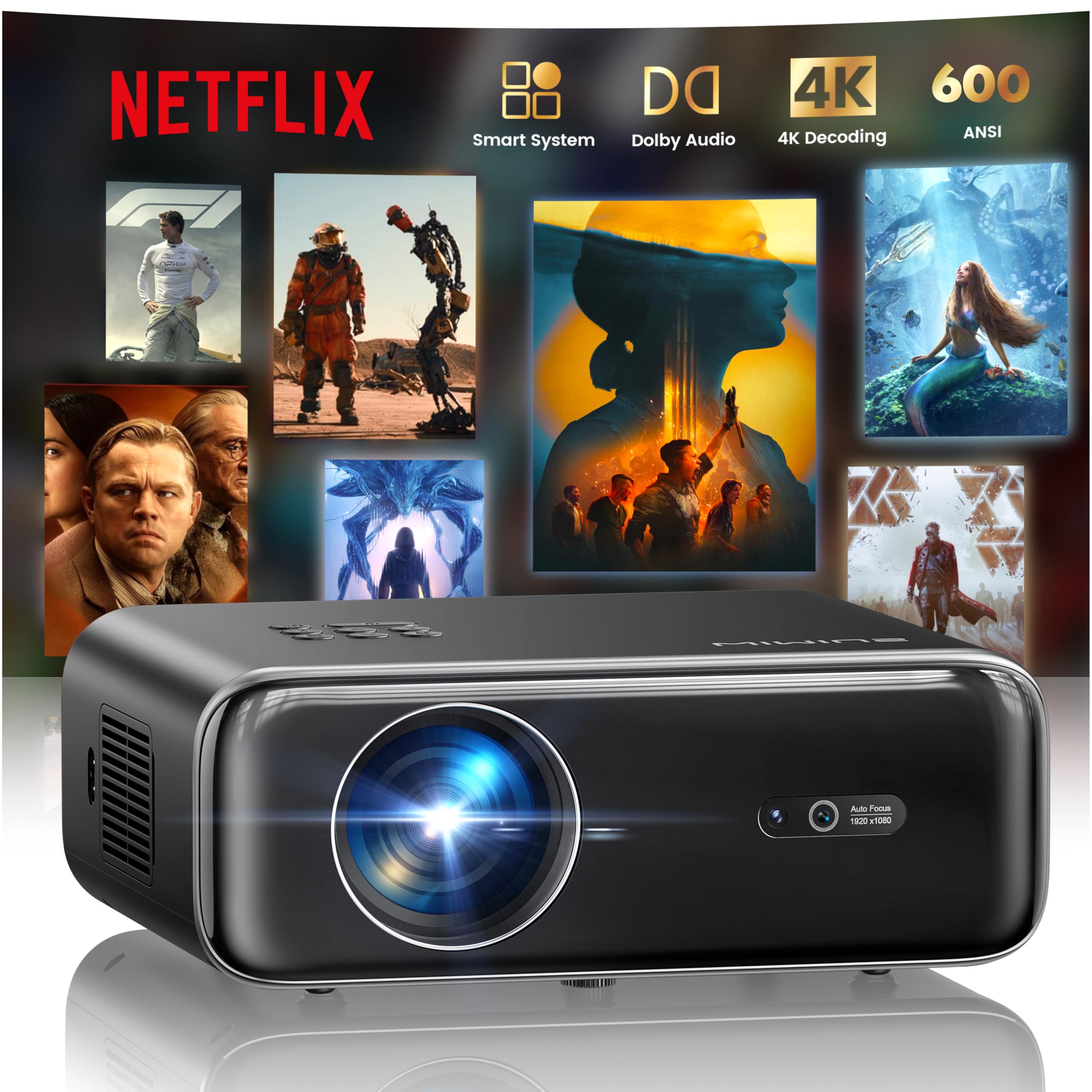 [Built-in Apps/4K Support] Smart Outdoor Projector with WiFi and Bluetooth, Movie Projector, DoIby Audio with Dual Speaker, Auto Focus w/ YouTube&amp;PrimeVideo Proyector, Upgrad P62 Pro