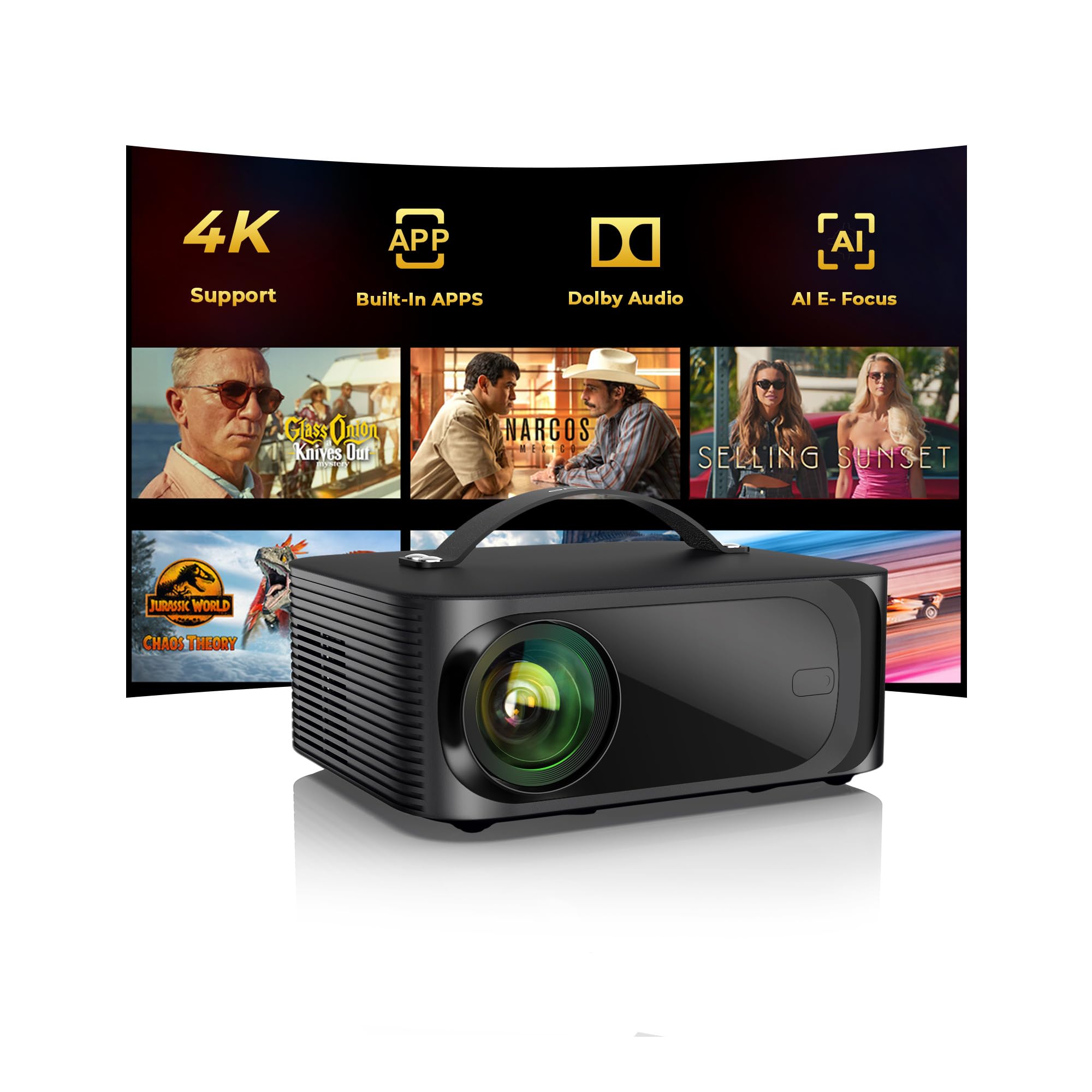 Outdoor-Projector-4K with WiFi and Bluetooth: [3000 Brightness/50W DoIby/Built-in APPs] Portable-Projector Smart OS 2.0&amp;AI Auto Focus, ONOAYO Movie Proyector Compatible with Netflix/YouTube/PrimeVideo
