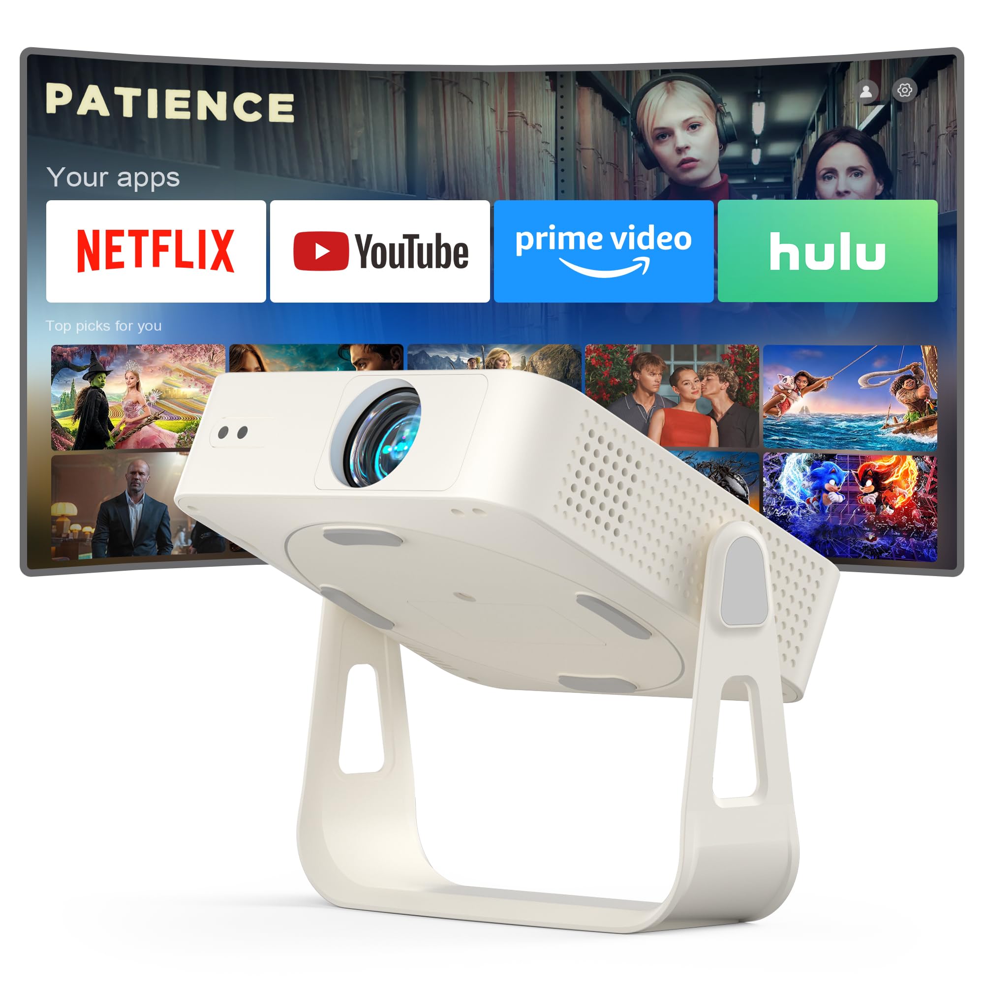 [Officially-Licensed App &amp; Auto Focus]White Smart Mini Projector with WiFi and Bluetooth, XuanPad 4K Support Movie Projector, Portable Native 1080P Outdoor Projector with 360° Stand