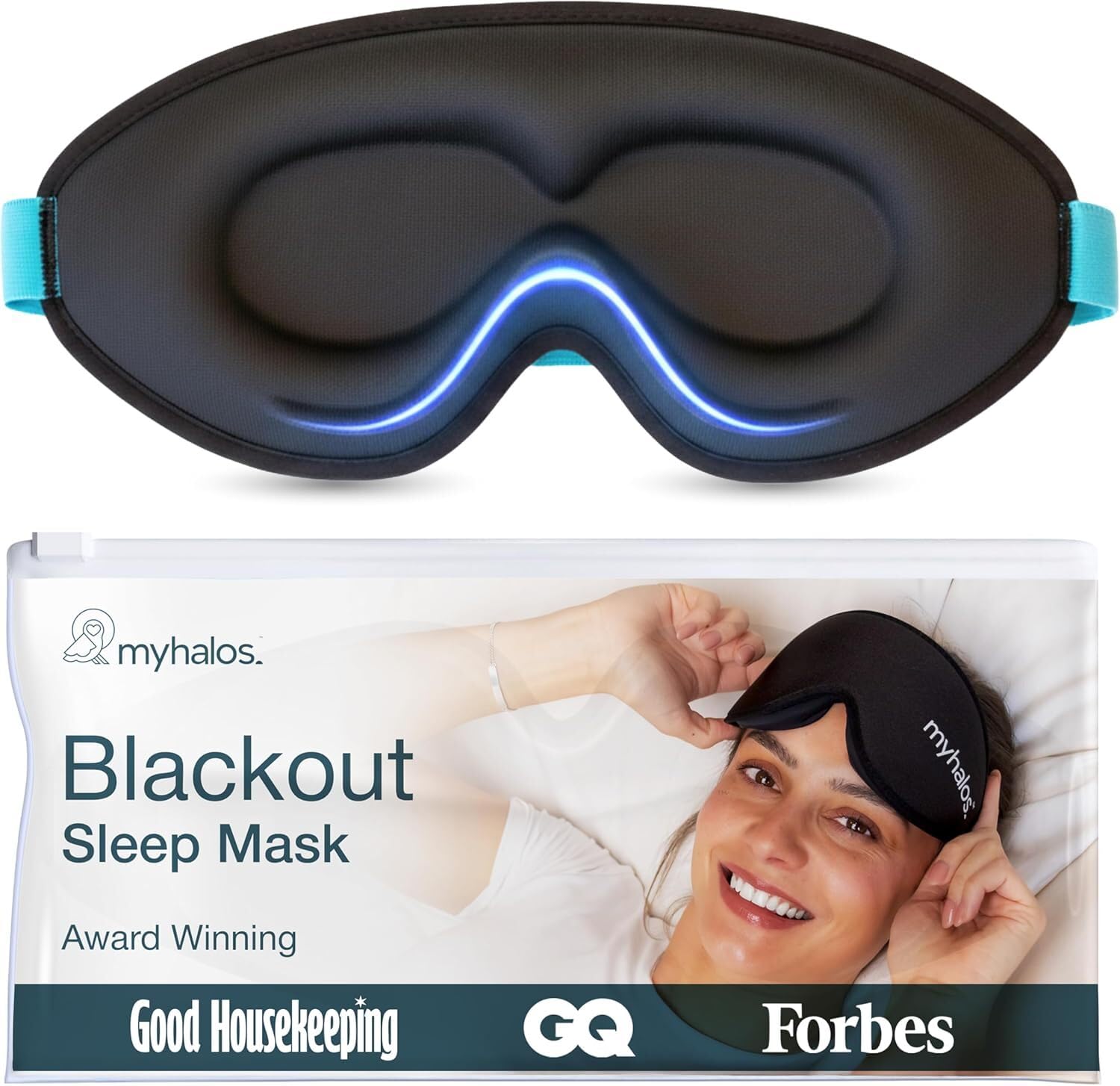 MyHalos® Sleep Mask – 3D Blackout Eye Mask for Women &amp; Men, Side Sleepers, Zero Pressure Memory Foam Eyelash Friendly, Breathable,Award-Winning Sleep Aid for Travel (Black, 1 Count (Pack of 1)
