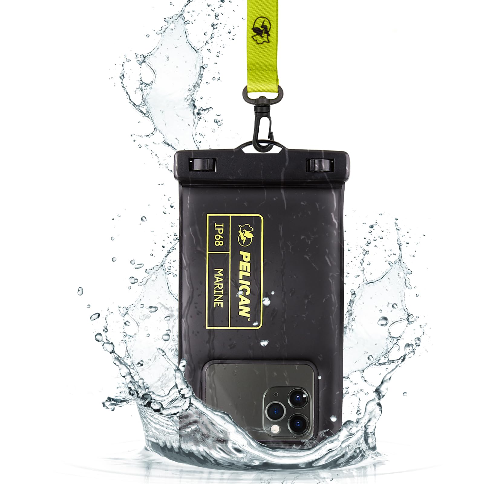 Pelican Marine - IP68 Waterproof Phone Pouch (Regular Size) Floating Waterproof Phone Case - Beach Cruise Ship Travel Essentials - Works with All Phones - Detachable Lanyard - Black/Hi-Vis Yellow
