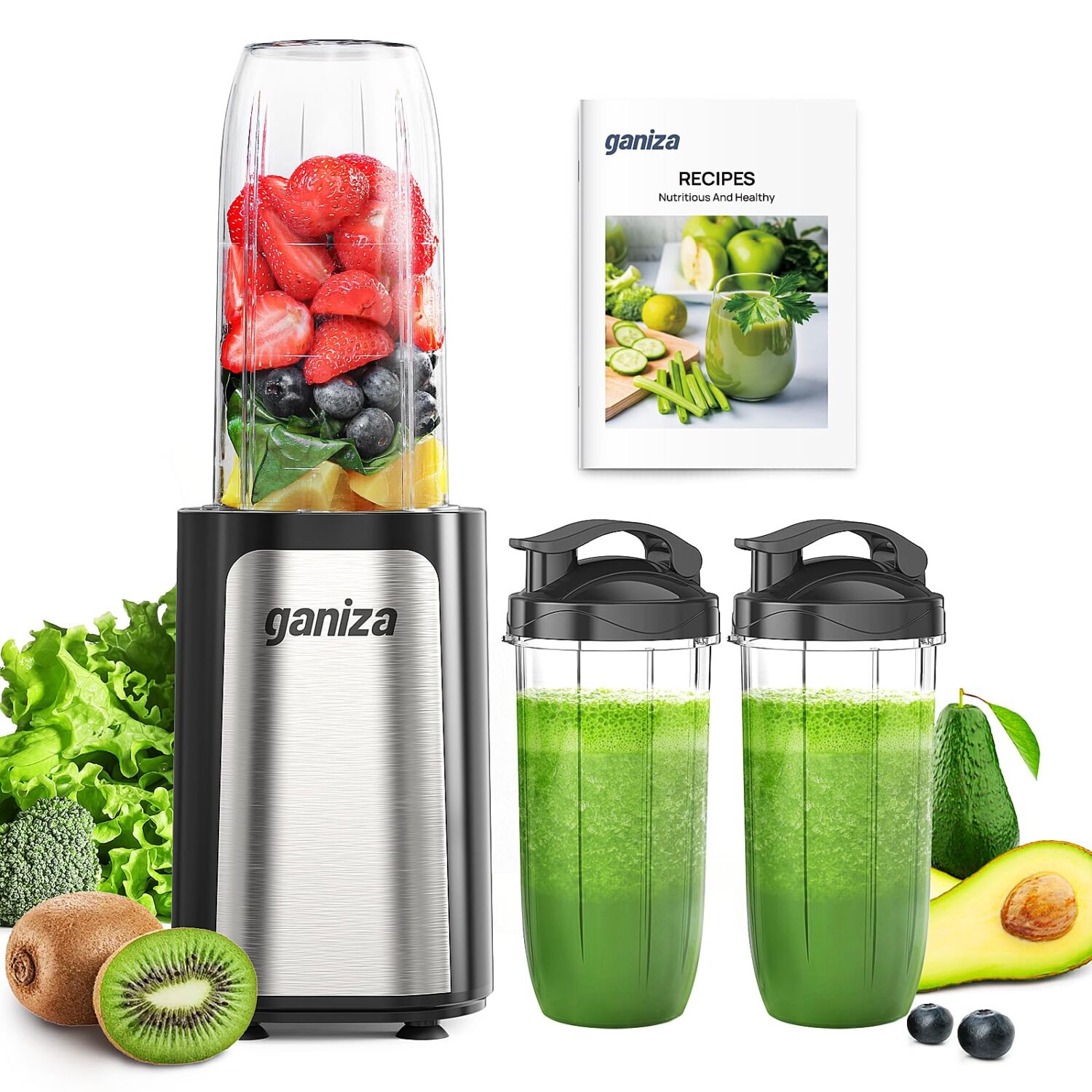 Ganiza Blender for Smoothies, 14Pcs Personal Blender for Shake and Smoothies for Kitchen with 3 Portable Cups (1x24oz &amp; 2X17oz), Single Serve Smoothie Maker, Nutritious Recipe