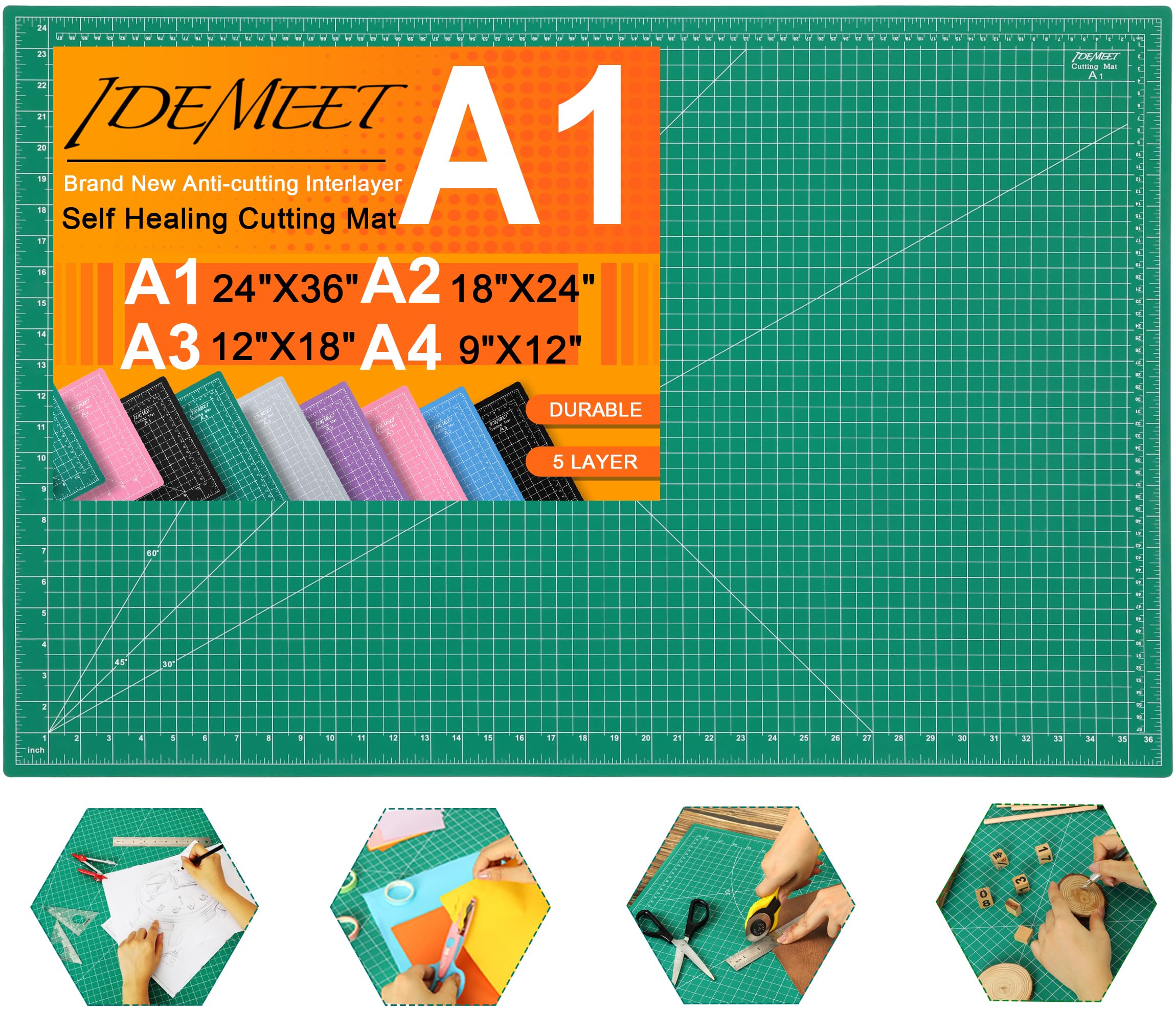 Density-upgraded 24" x 36" Large Self Healing Sewing Mat, Idemeet Rotary Cutting Mat 5-Ply Cut Board for Crafts Hobby Project, Scale Size 24" x 36", A1, Green