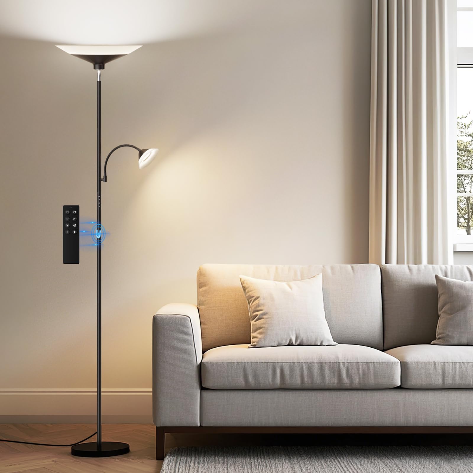 SIBRILLE Upgraded 2-in-1 Torchiere Floor Lamp, Dimmable Standing Lamp with Remote&amp;Button Control, 34W Brightness Adjustable Floor Reading Light, Black Modern Corner Lamp for Living Room Bedroom Office