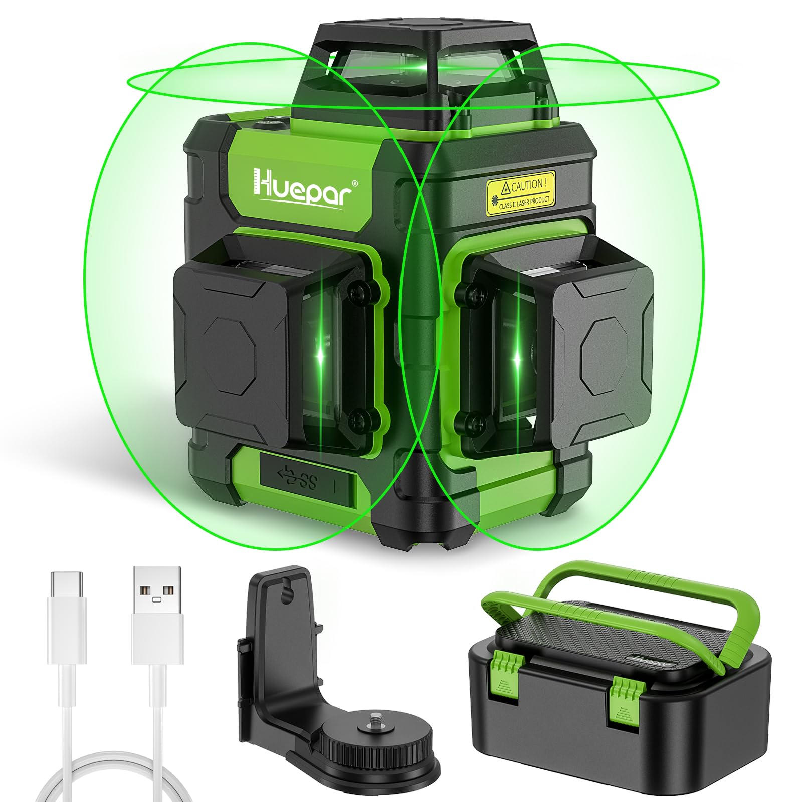 Huepar Laser Level 360 Self Leveling, Rechargeable Green Laser 3x360° Cross Line Lazer Leveler 3D Level Laser Tool for Construction and Picture Hanging, Strong Magnetic Bracket&amp;Hard Carry Case -HM03CG