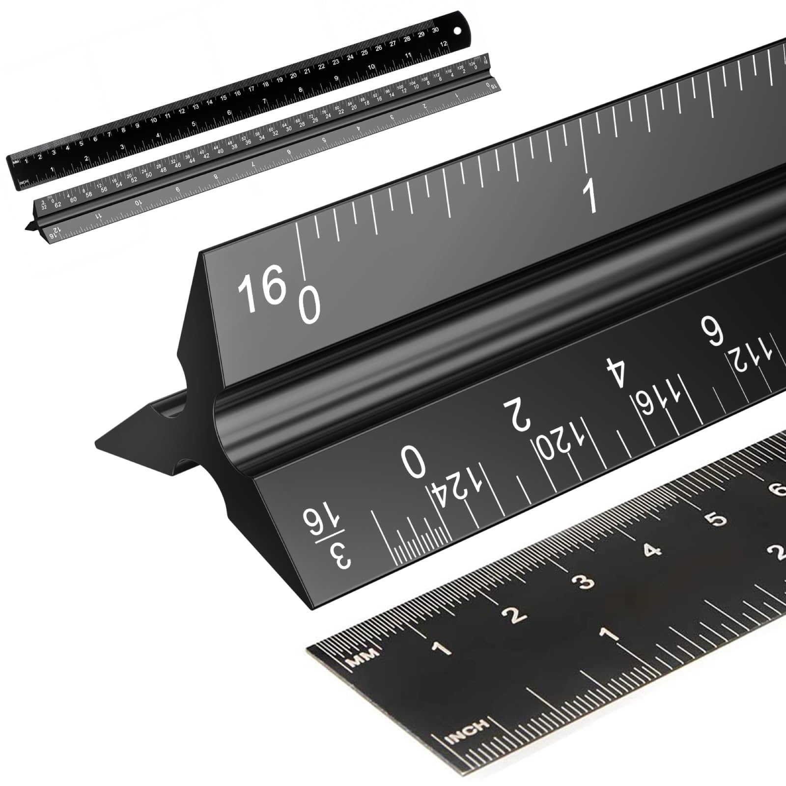 Rena Chris 2Pcs Architectural Scale Ruler, Triangular Scale & Straight Ruler, 12 Inch Aluminum Drafting Ruler Set, Laser Etched, Smooth Non-Sharp Edges, Lightweight, Inch MM Conversion for Architectur
