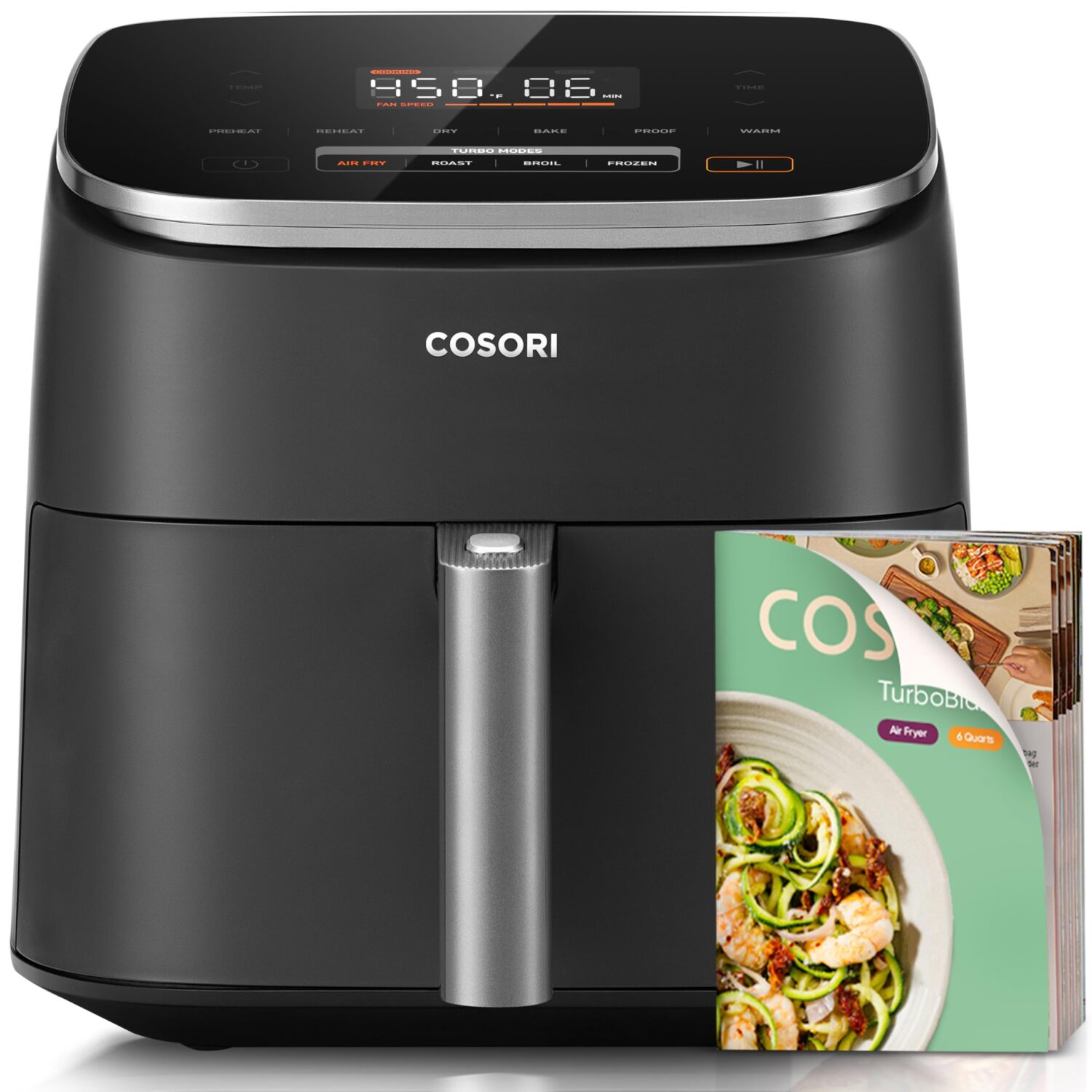 Cosori 9-in-1 TurboBlaze Air Fryer 6 Qt, PFAS-Free Ceramic Coating, 90°–450°F, Precise Heating for Even Results, Air Fry, Roast, Bake, Broil, Dry, Frozen, Proof, Reheat, Keep Warm, 120V, Dark Gray