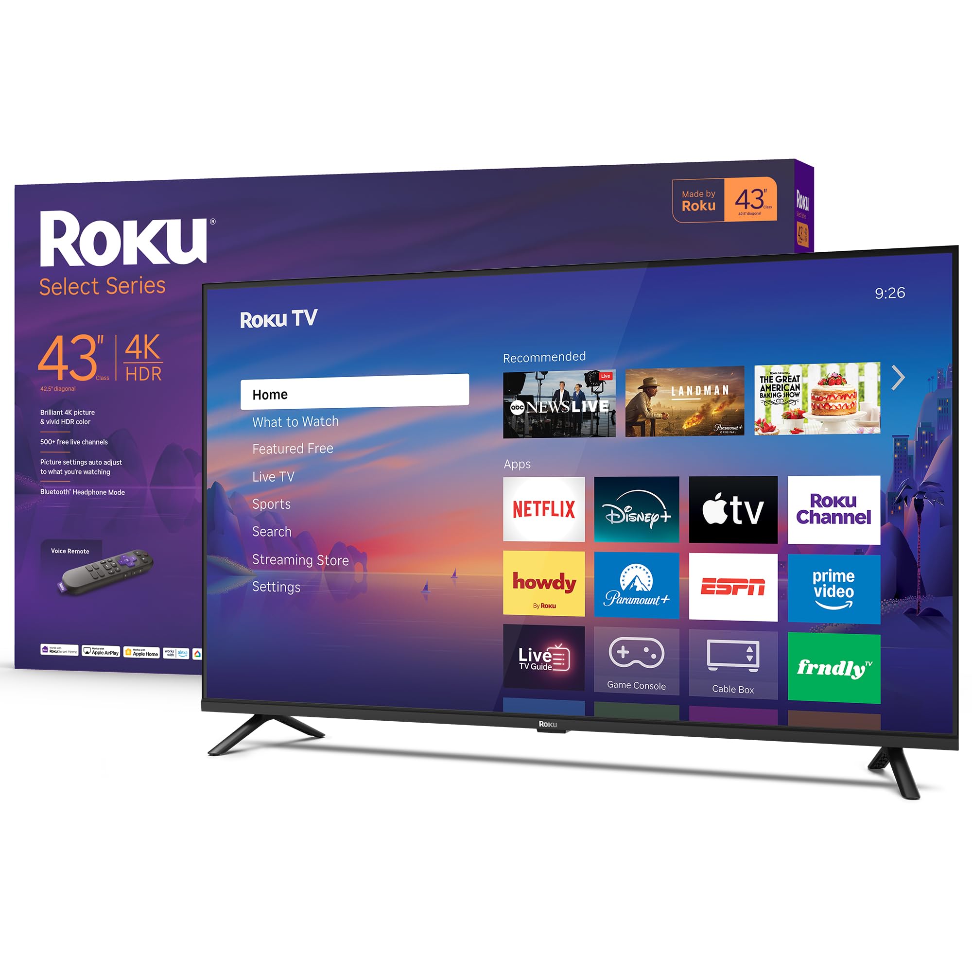 Roku Smart TV 2026 – 43-Inch Select Series, 4K HDR TV – Roku TV with Voice Remote – Flat Screen LED Television with Wi-Fi for Streaming Live Local News, Sports, &amp; Movies – Bluetooth Headphone Mode