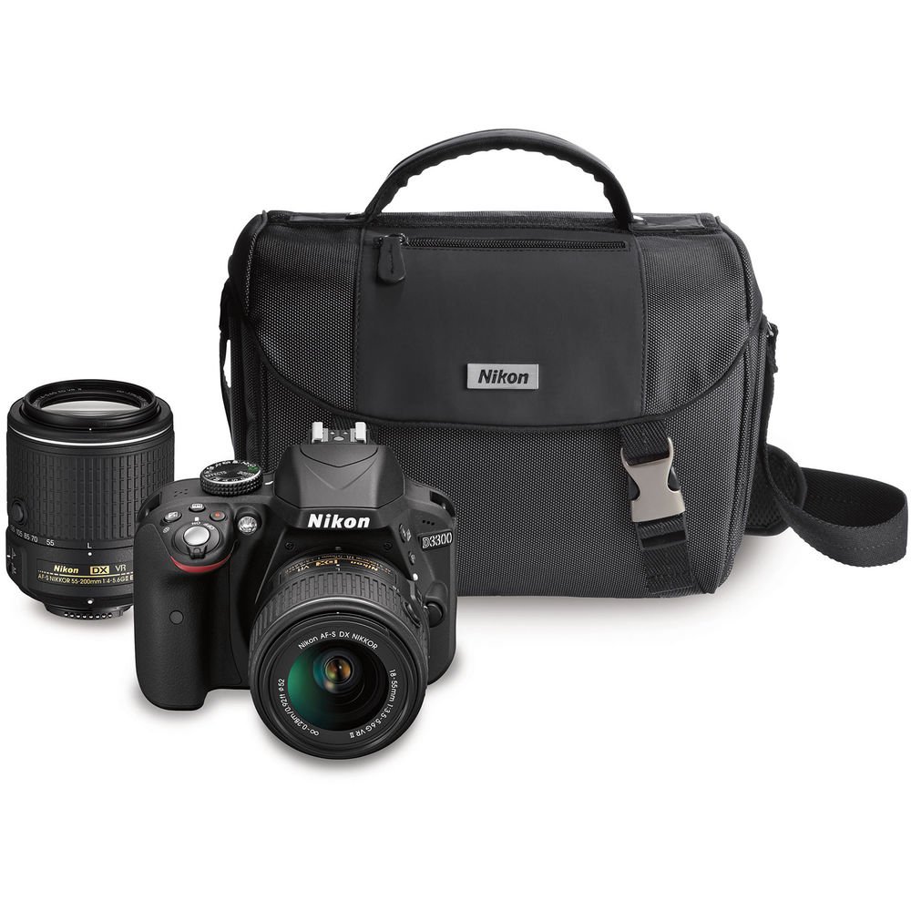Nikon D3300 DX-format DSLR Kit w/ 18-55mm VR II & 55-200mm Zoom Lenses and Case (Black)