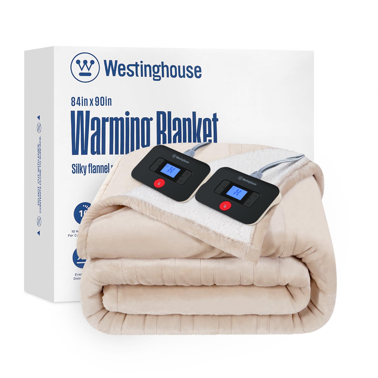 Westinghouse Electric Blanket Queen, Heated Blanket Queen Size with 10 Heating Levels and 1 to 12 Hours Heating Time Settings, Flannel to Sherpa Reversible, Machine Washable (84" x 90", Beige)