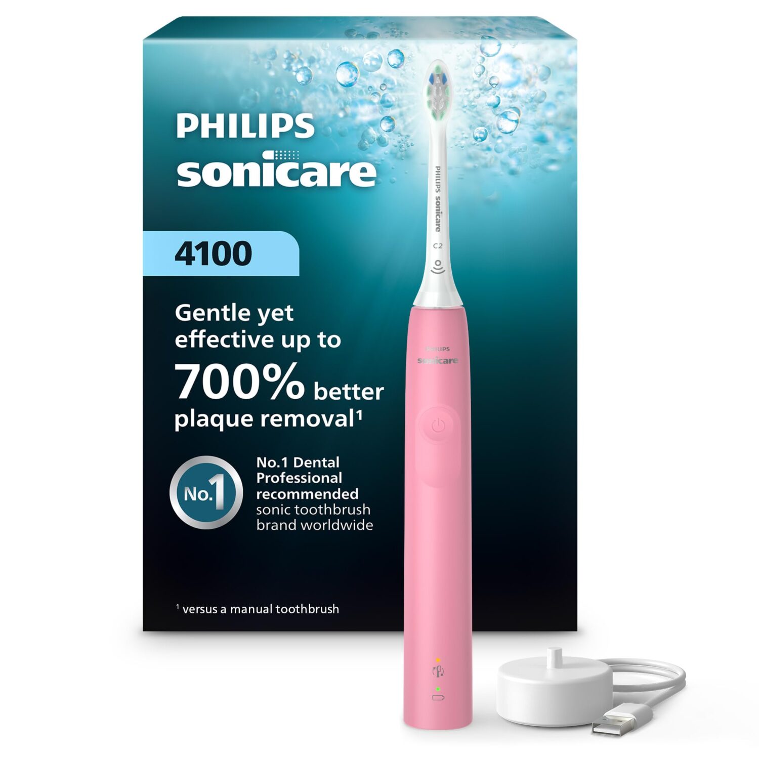 Philips Sonicare 4100 Series Electric Toothbrush - Sonic Toothbrush with Advanced Sonic Technology, Pressure Sensor, Two Intensity Settings, Smartimer &amp; Quadpacer, Deep Pink, Model HX3681/26