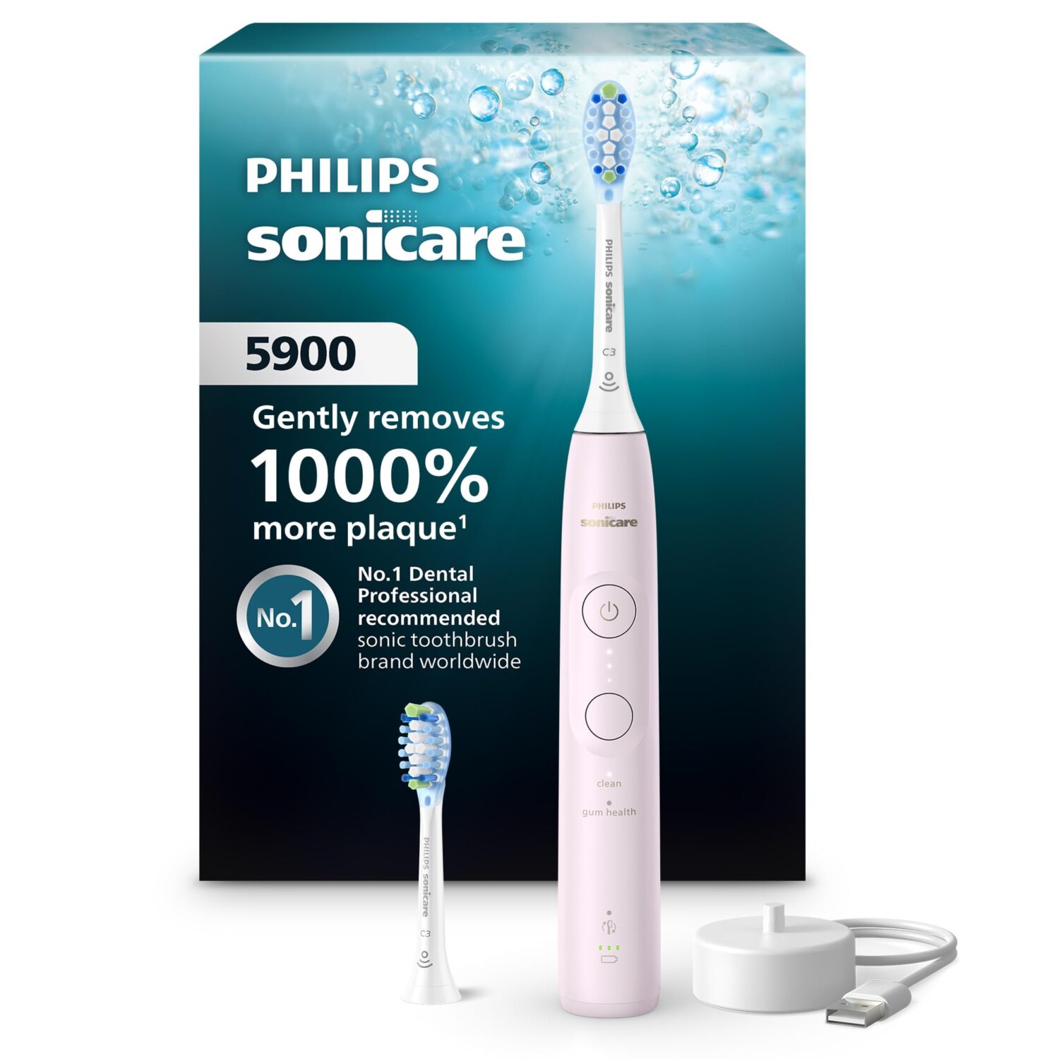 Philips Sonicare 5900 Series Electric Toothbrush, Pressure Sensor, 6 Brushing Settings, SmarTimer, BrushPacer, 21-day Runtime, Gentle Professional-Clean Feel, for Sensitive Gums, Light Pink, HX7132/02
