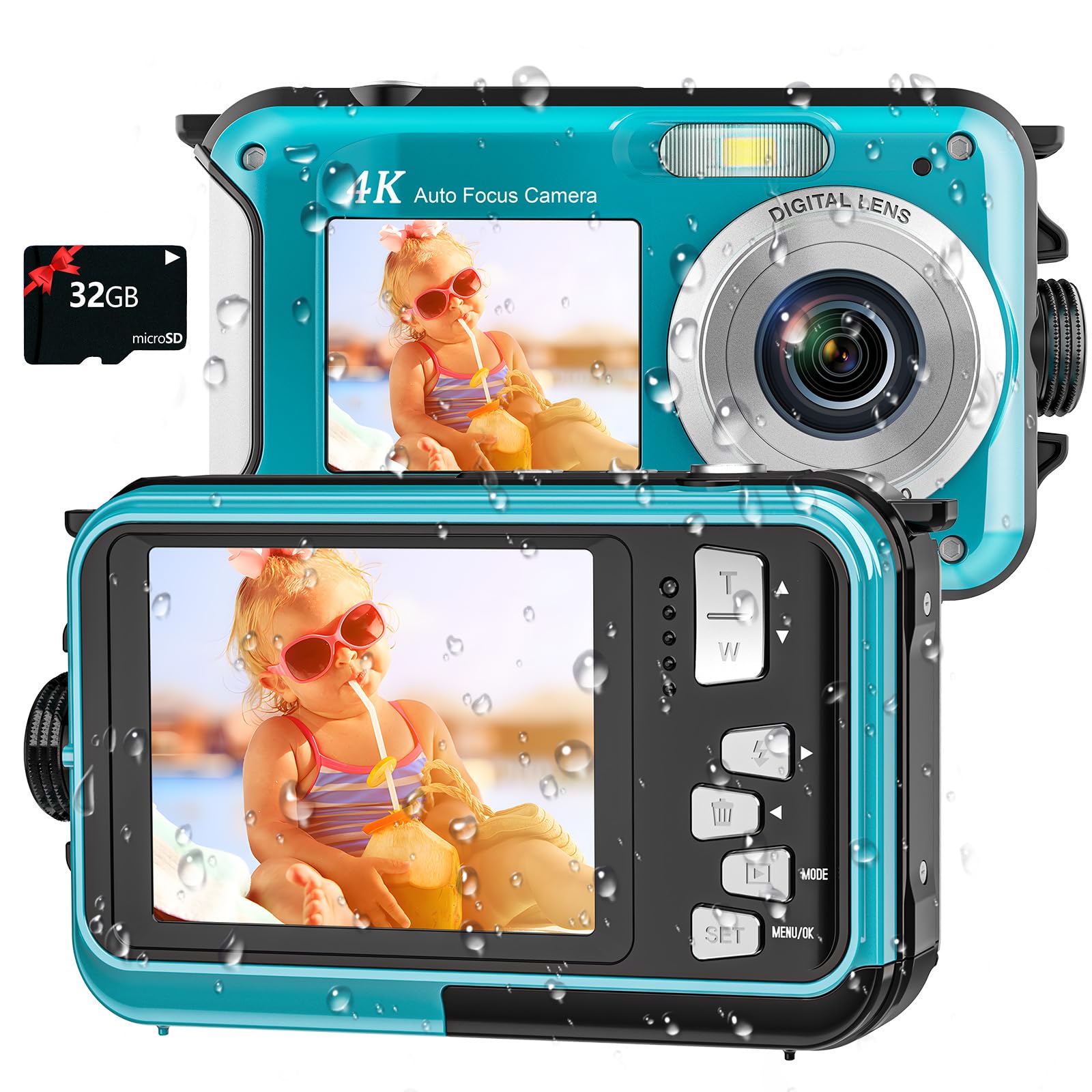 4K Underwater Camera 16FT Waterproof Camera with 32GB Card 64MP Autofocus Dual-Screen Selfie Underwater for Snorkeling Waterproof Compact Floatable Digital Camera 1250mAh Battery Type-C (Blue)