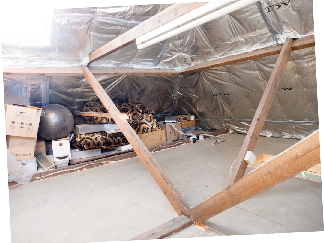 An attic space is being used for storage.