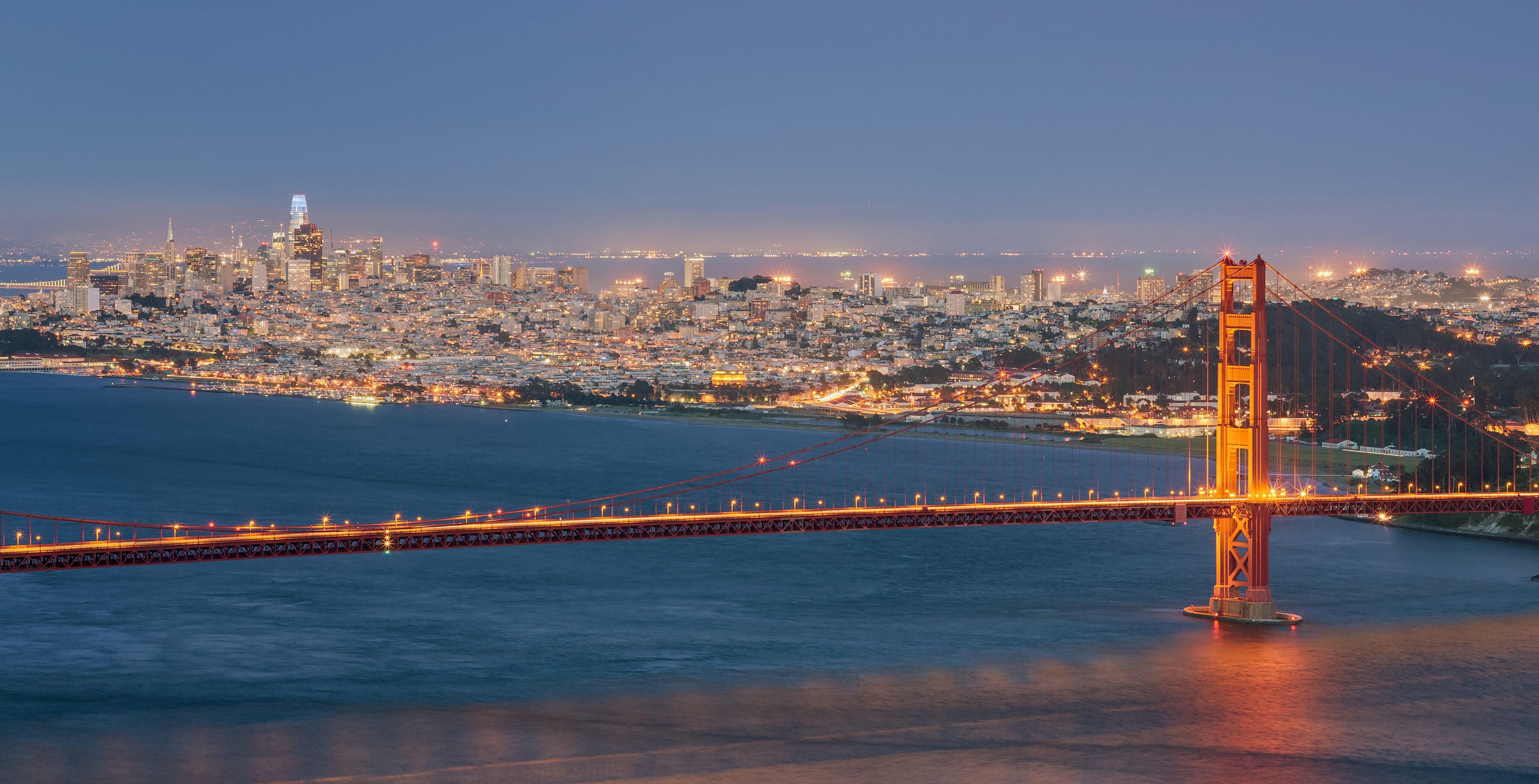 Golden Gate Bridge and San Francisco skyline from Hawk Hill