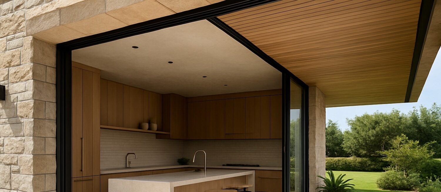 Kitchen threshold with sliding glass doors opening to a covered outdoor living area