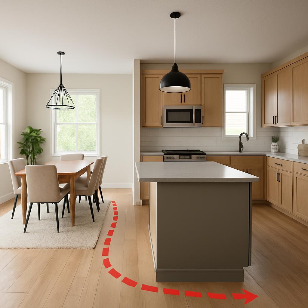 Kitchen Layout And Design Styles Ideas: Layout, Materials, Lighting, and Practical Details - circulation path through shared space
