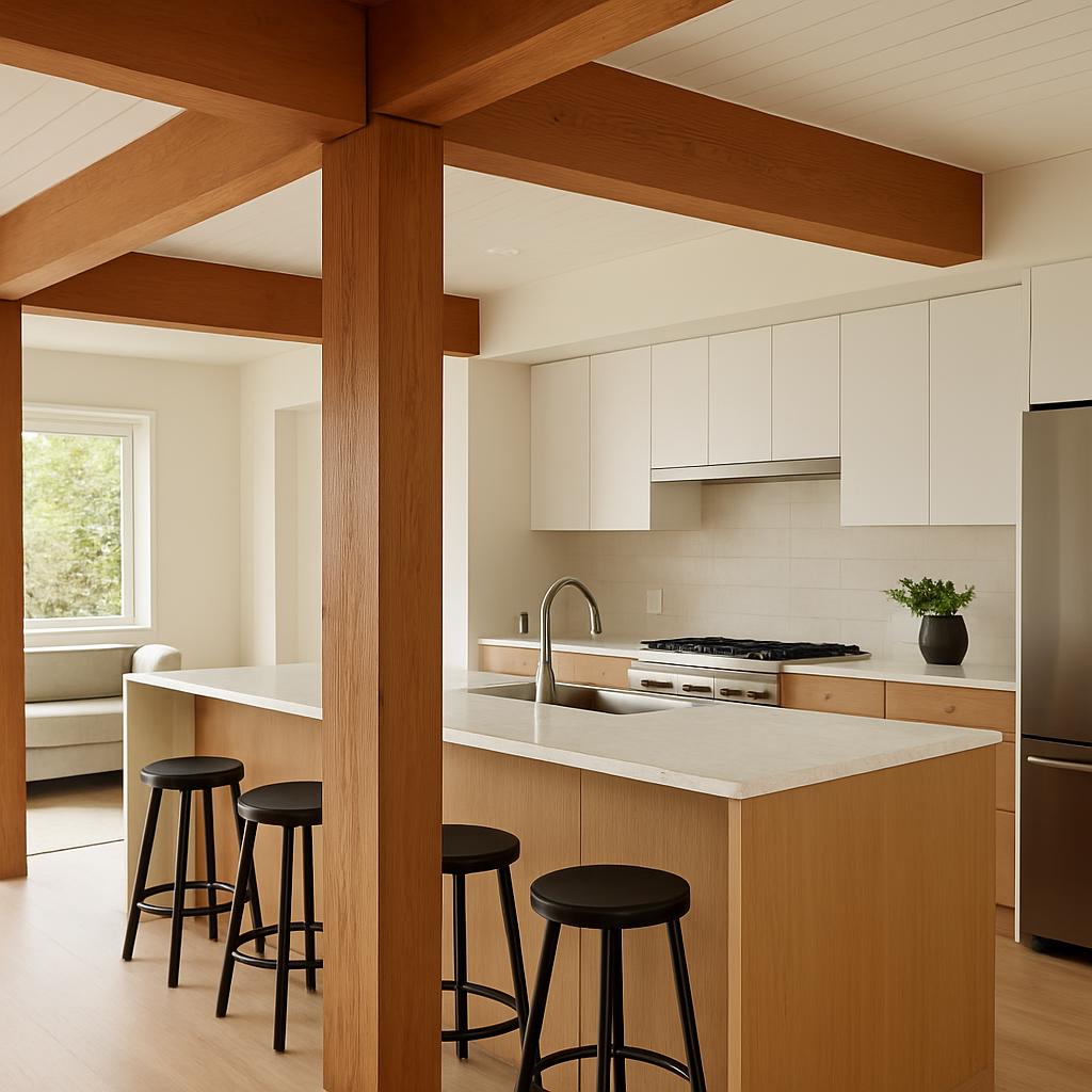 Kitchen Layout And Design Styles Ideas: Layout, Materials, Lighting, and Practical Details - ceiling beam column or structural rhythm
