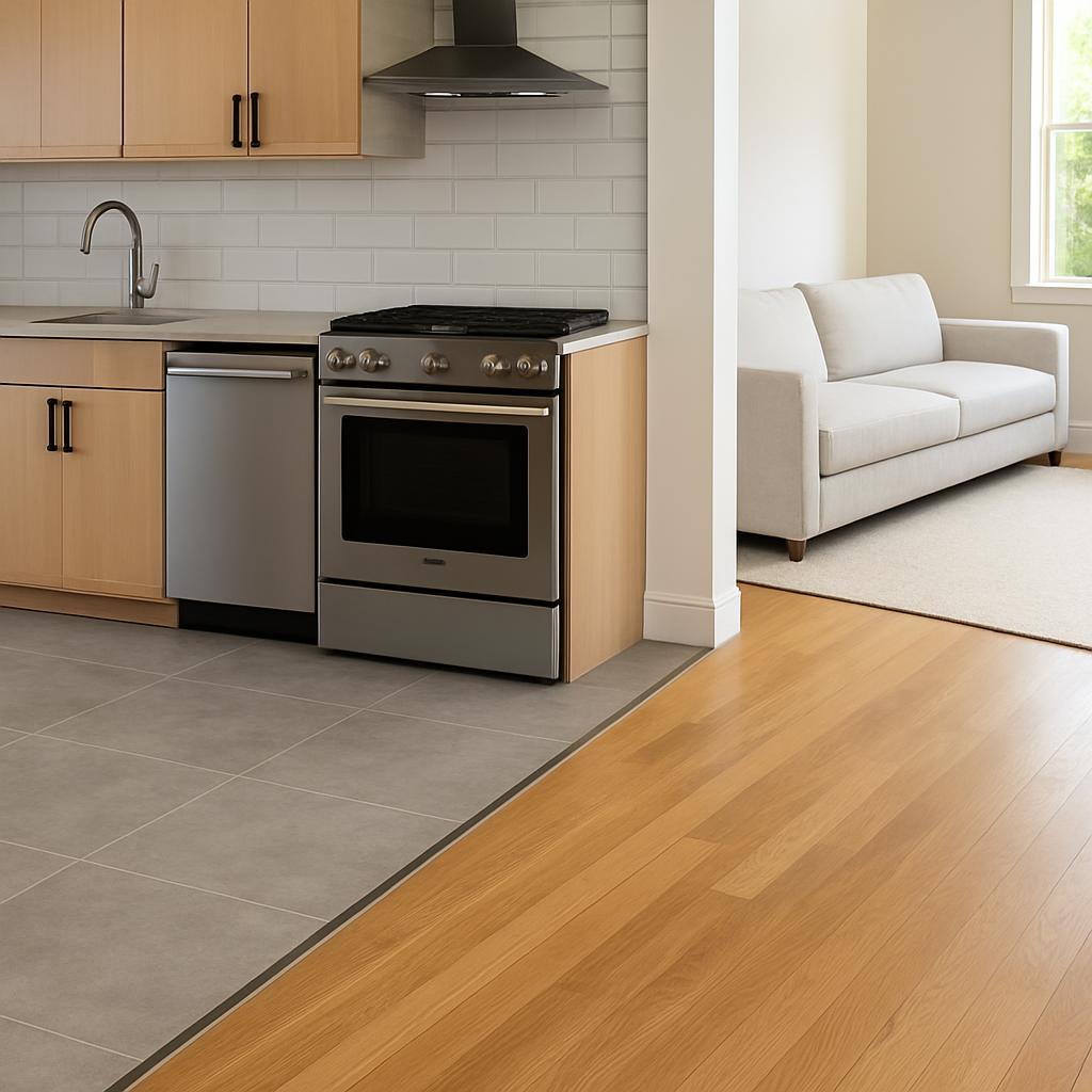 Kitchen Layout And Design Styles Ideas: Layout, Materials, Lighting, and Practical Details - material transition between zones