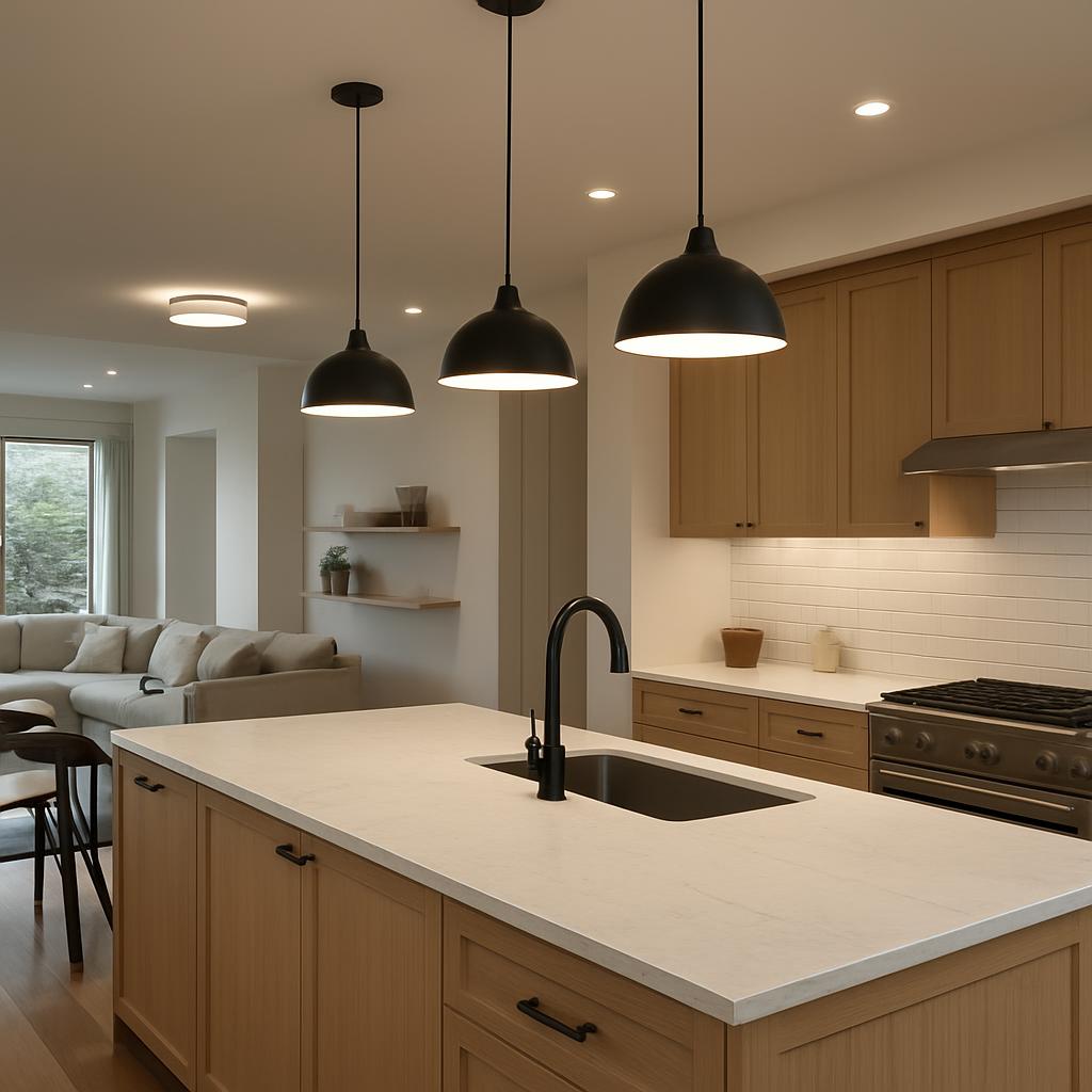 Kitchen Layout And Design Styles Ideas: Layout, Materials, Lighting, and Practical Details - lighting layers across open plan