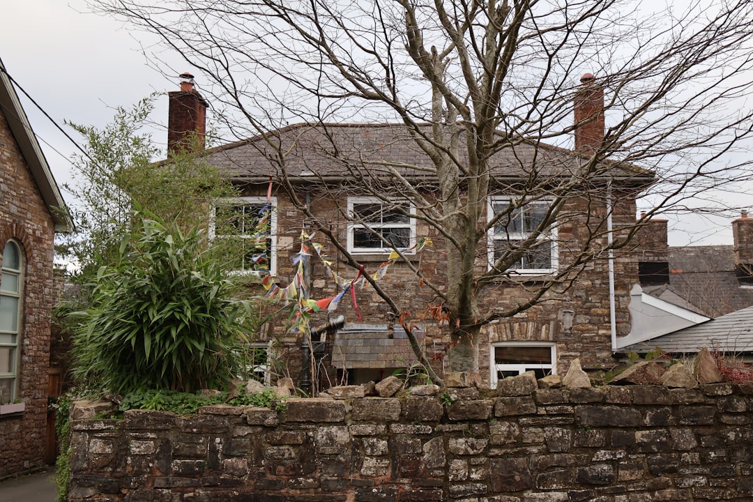 Stone house with white windows and chimneys.