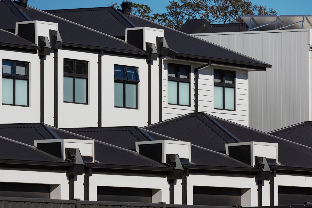 Row of modern white houses with black roofs