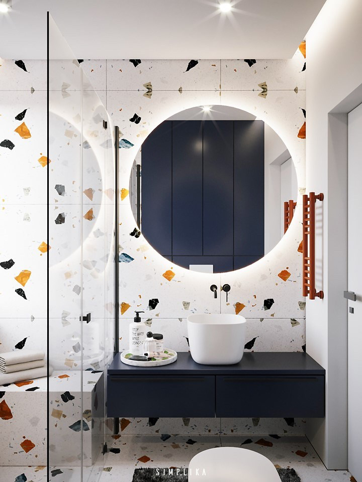 Wall-mounted floating vanity with open floor clearance