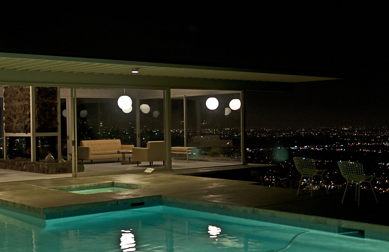 The Stahl House, Case Study House No. 22, in the Hollywood Hills with its glass walls, pool terrace, and Los Angeles view.
