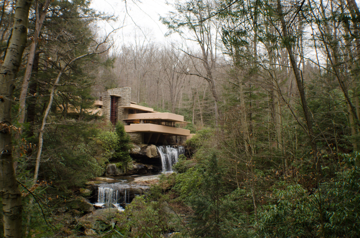 Fallingwater’s striking integration with its natural waterfall setting in Pennsylvania.