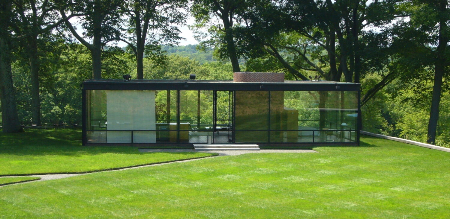 Philip Johnson’s Glass House showcasing transparency and minimalism in Connecticut.