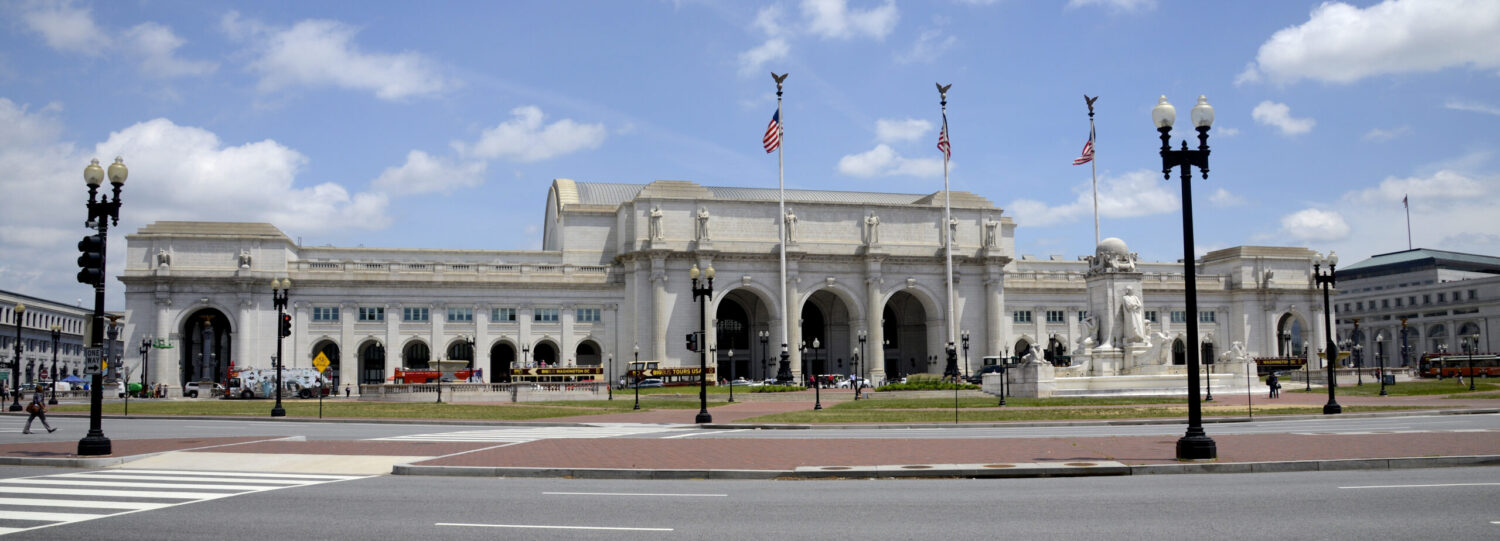 Union Station’s neoclassical monumental facade and spacious interior in Washington D.C.
