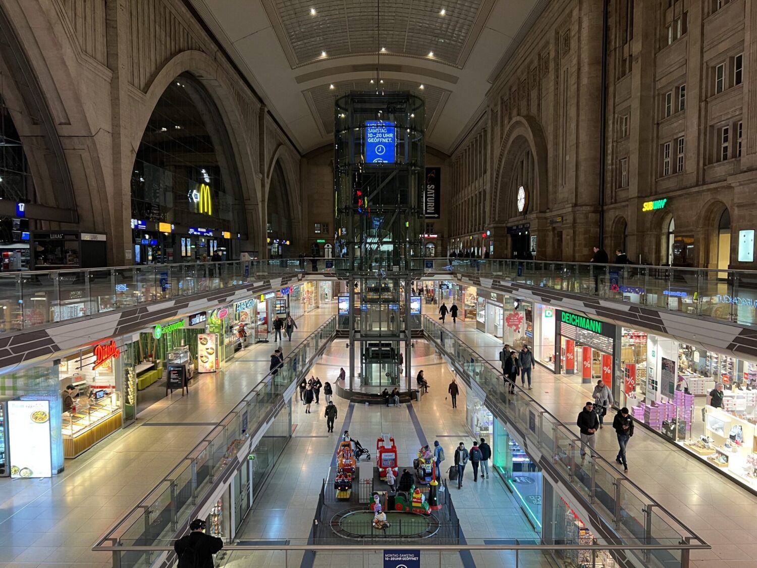 Leipzig Hauptbahnhof’s expansive steel and glass hall, one of Europe’s largest stations.