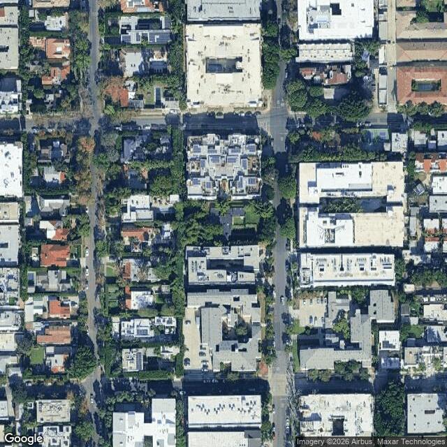 Aerial view of Schindler House located at 835 Kings Rd, West Hollywood, CA