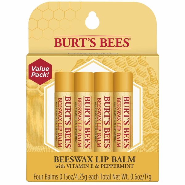 Burt's Bees 100% Natural Moisturizing Lip Balm, Original Beeswax with Vitamin E & Peppermint Oil – 4 Tubes