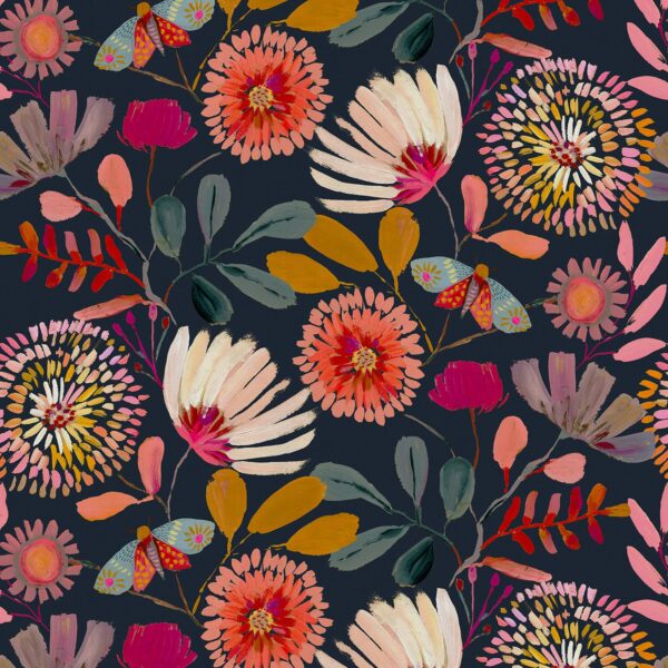 Wallpaper Peel and Stick Floral Wall Paper Removable Waterproof Navy/Pink/Orange Contact Paper for Bedroom, Bathroom,Bathroom, Home Wall 17.3" x 118"