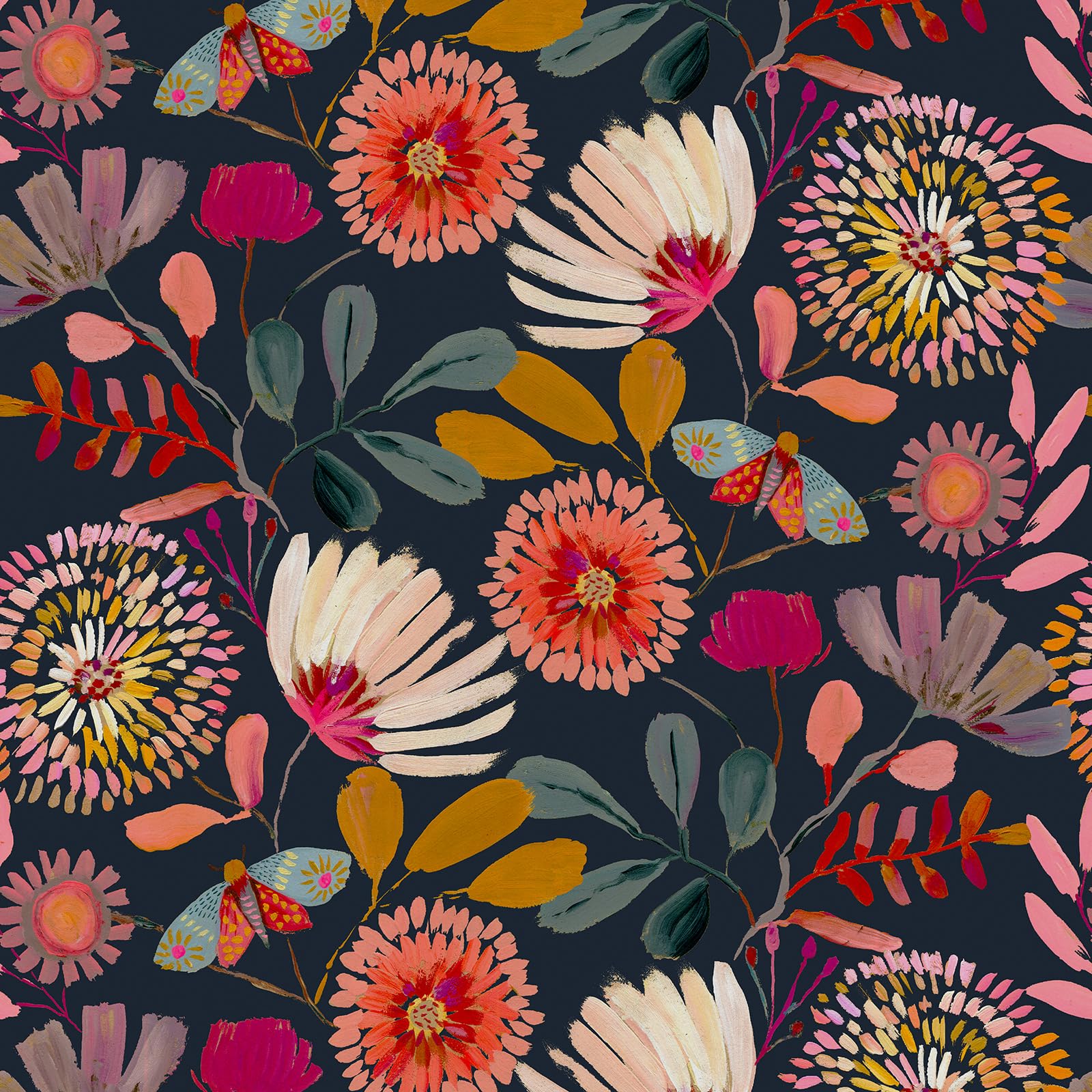 Wallpaper Peel and Stick Floral Wall Paper Removable Waterproof Navy/Pink/Orange Contact Paper for Bedroom, Bathroom,Bathroom, Home Wall 17.3" x 118"