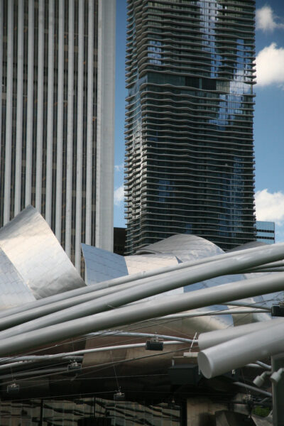 Jay Pritzker Pavilion and Aqua Tower by Jeanne Gang in Chicago