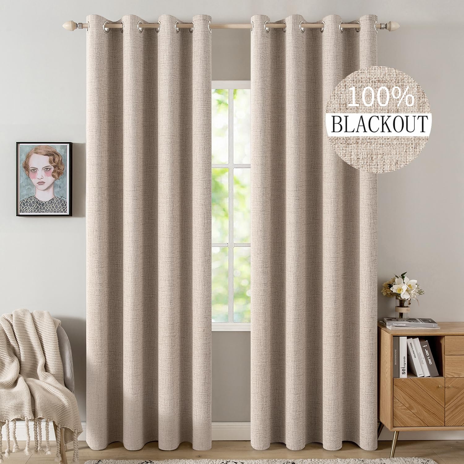 MIULEE 100% Blackout Linen Textured Curtains for Bedroom Solid Thermal Insulated Natural Beige Grommet Room Darkening Curtains &amp; Drapes Luxury Decor for Living Room 52 x 84 Inch (2 Panels)