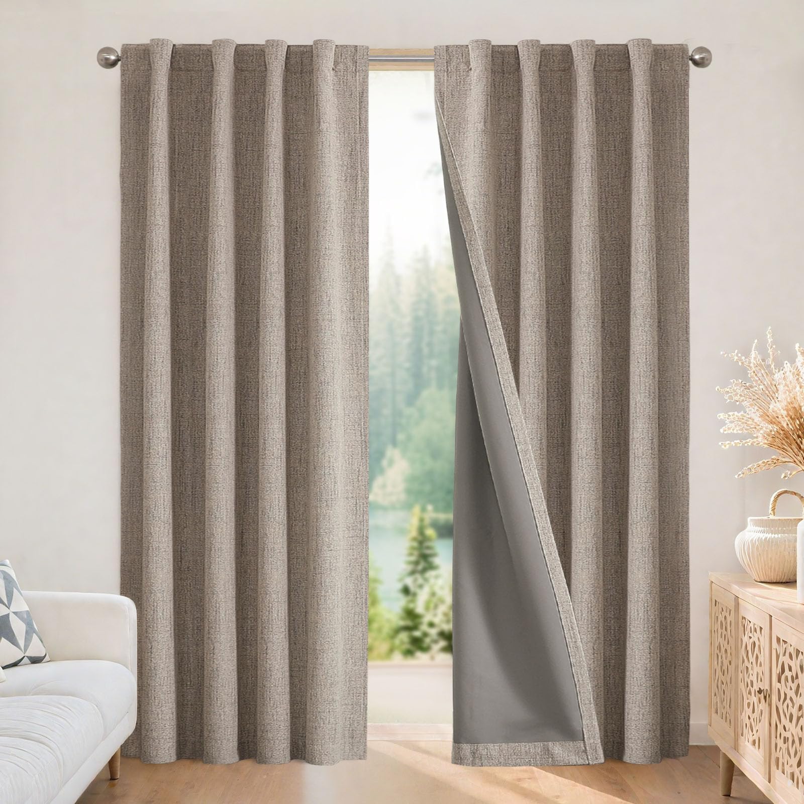Joydeco 100% Blackout Curtains for Bedroom - Nature Linen 84 Inch Long Light Blocking 2 Panels Set, Rod Pocket &amp; Back Tabs Living Room Drapes, Thermal Insulated Room Darkening Window Curtains